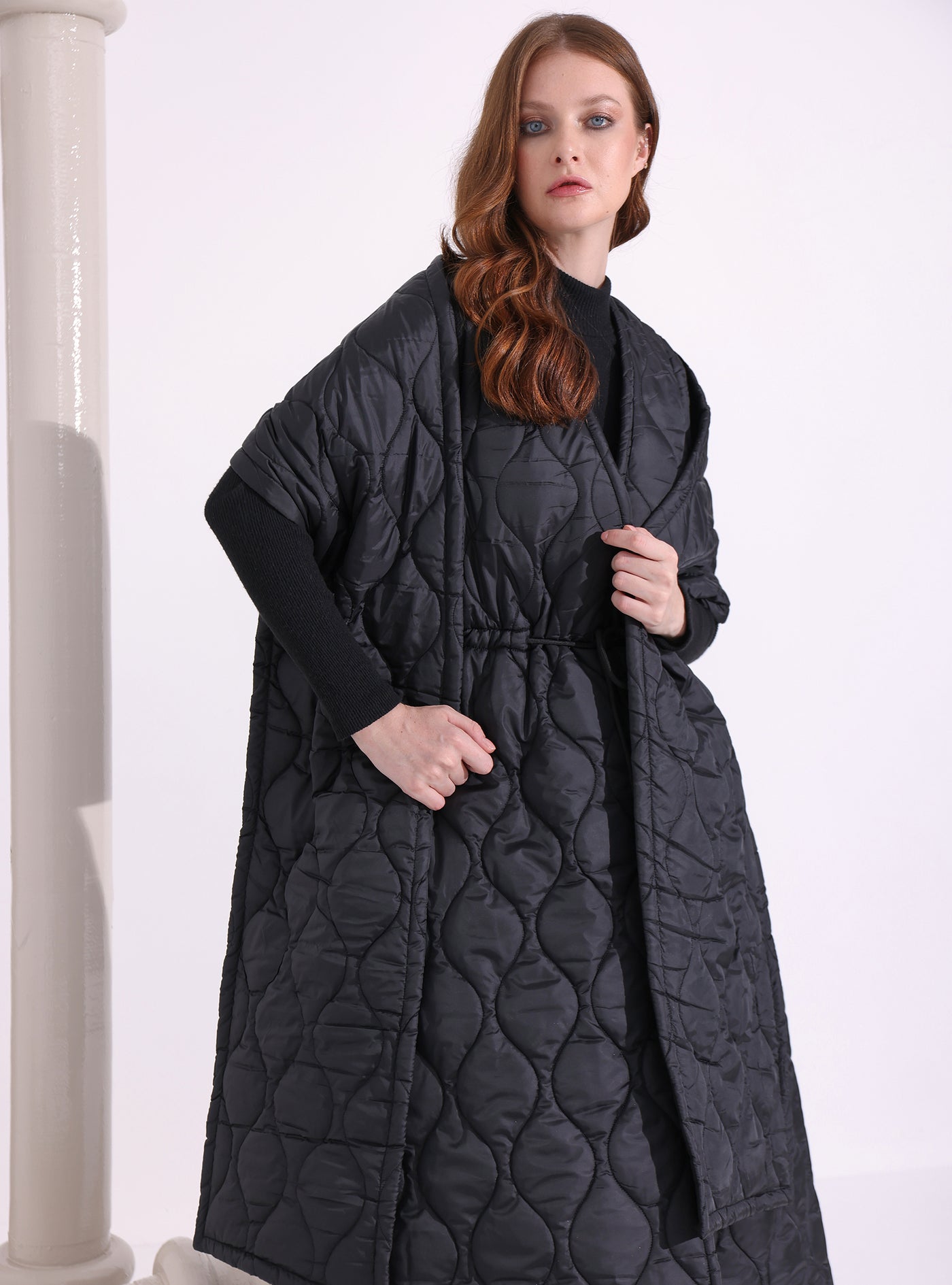 Black Quilt Puffer Gilet With Scarf