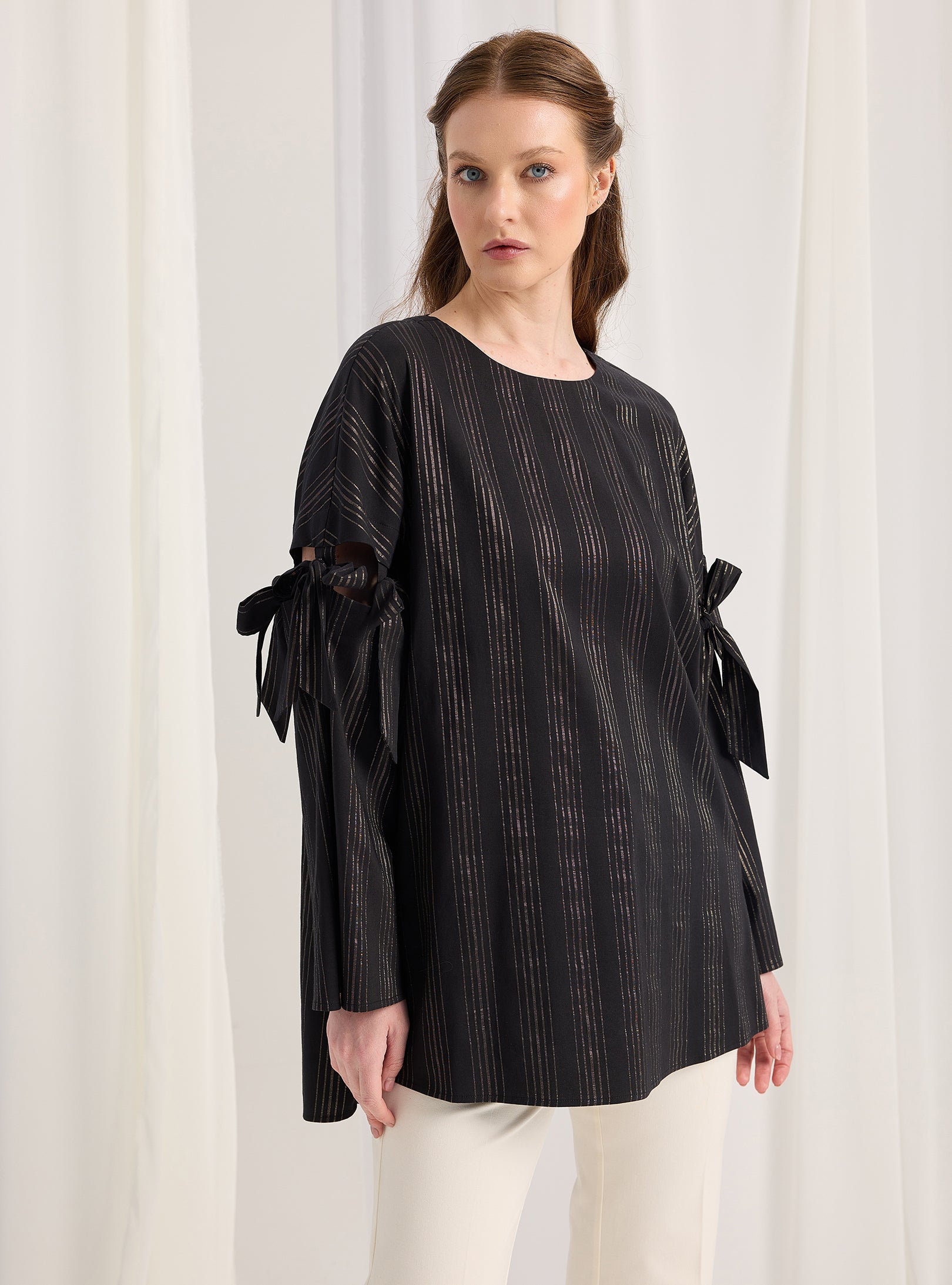 Black Striped Top With Sleeve Ties - Store WF