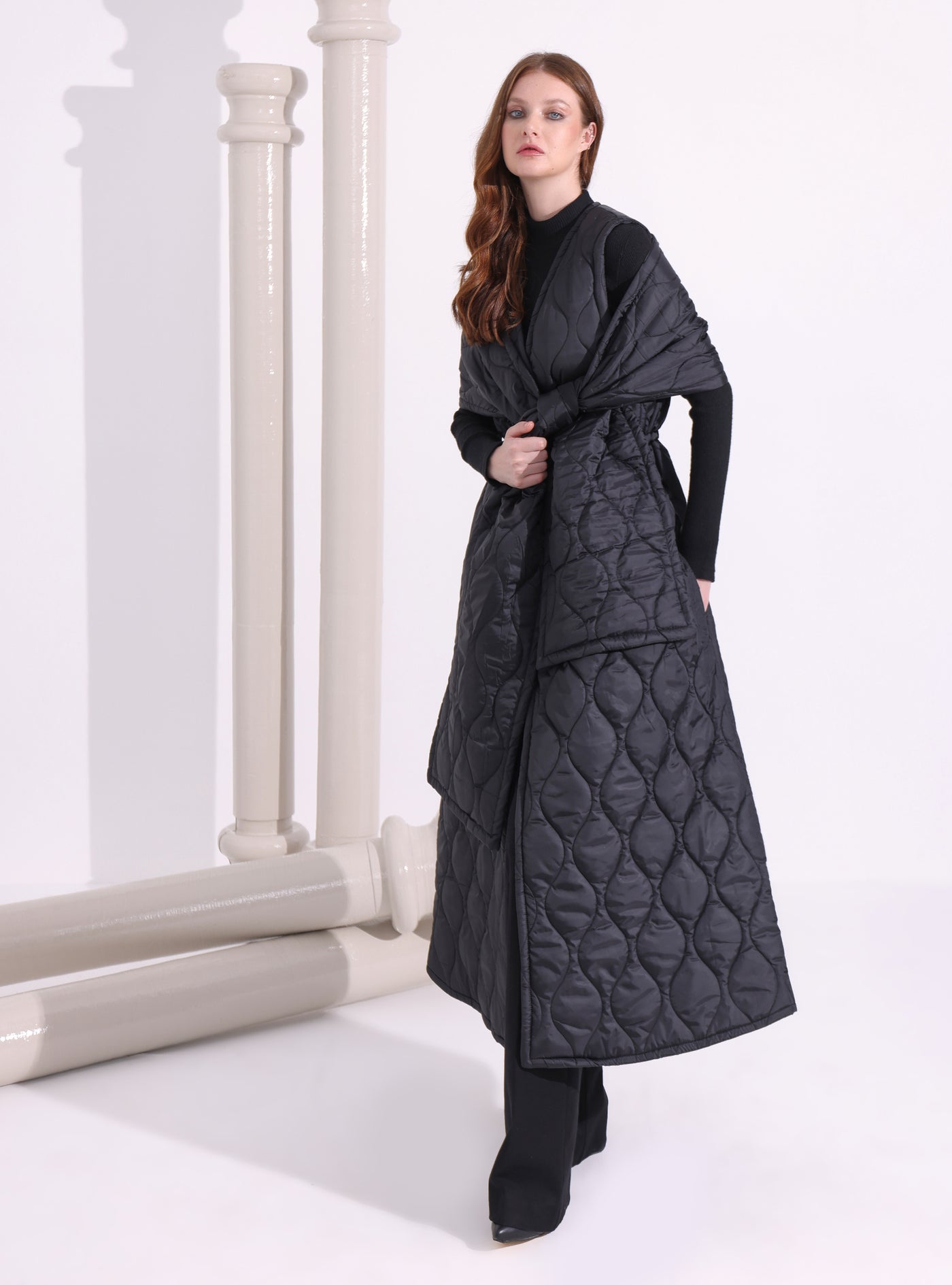 Black Quilt Puffer Gilet With Scarf