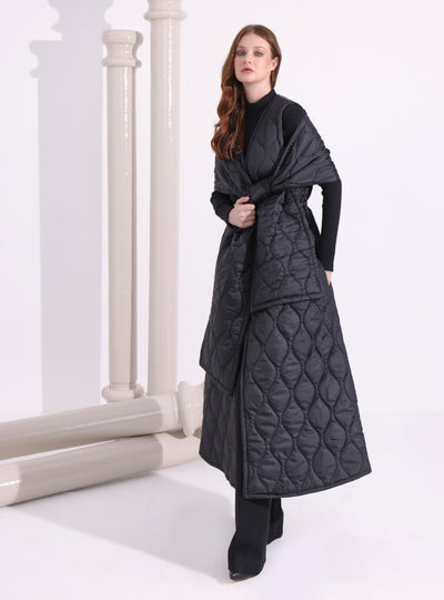 Black Quilt Puffer Gilet With Scarf