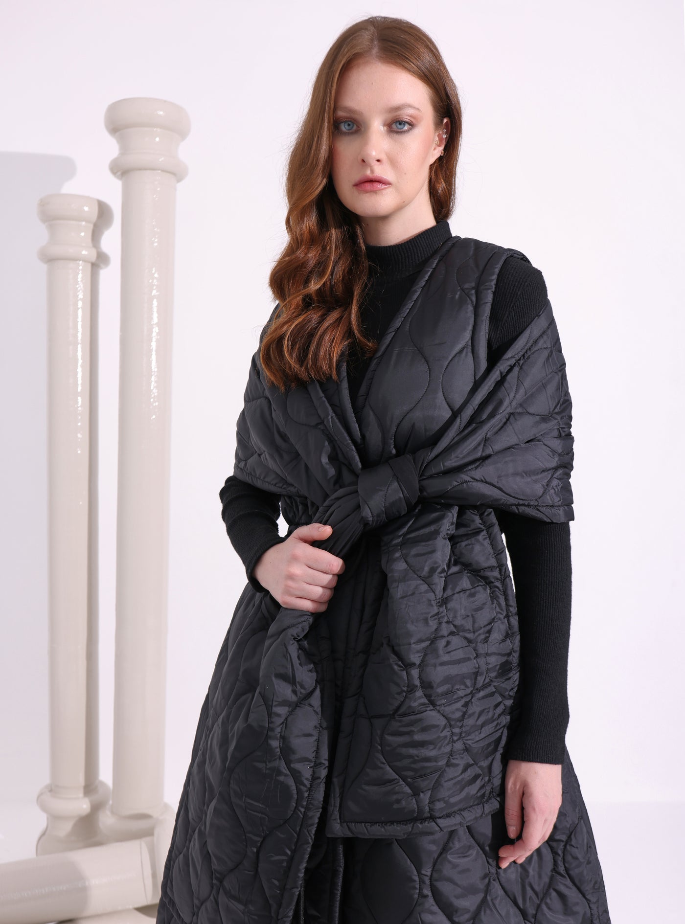 Black Quilt Puffer Gilet With Scarf