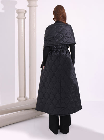 Black Quilt Puffer Gilet With Scarf