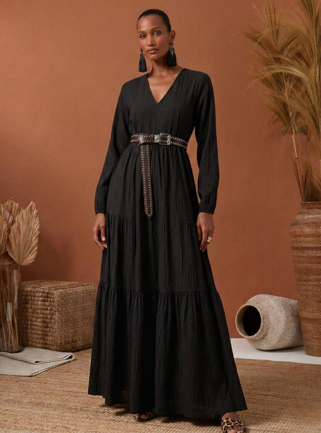 Black Cotton V Neck Maxi Dress - Store WF