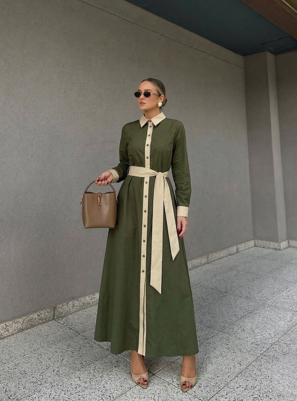 Khaki Green Contrast Beige Maxi Shirt Dress - WF Atelier - Store WF