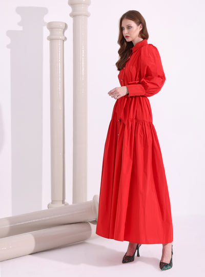 Red Taffeta Cristal Button Maxi Dress