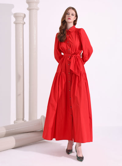 Red Taffeta Cristal Button Maxi Dress