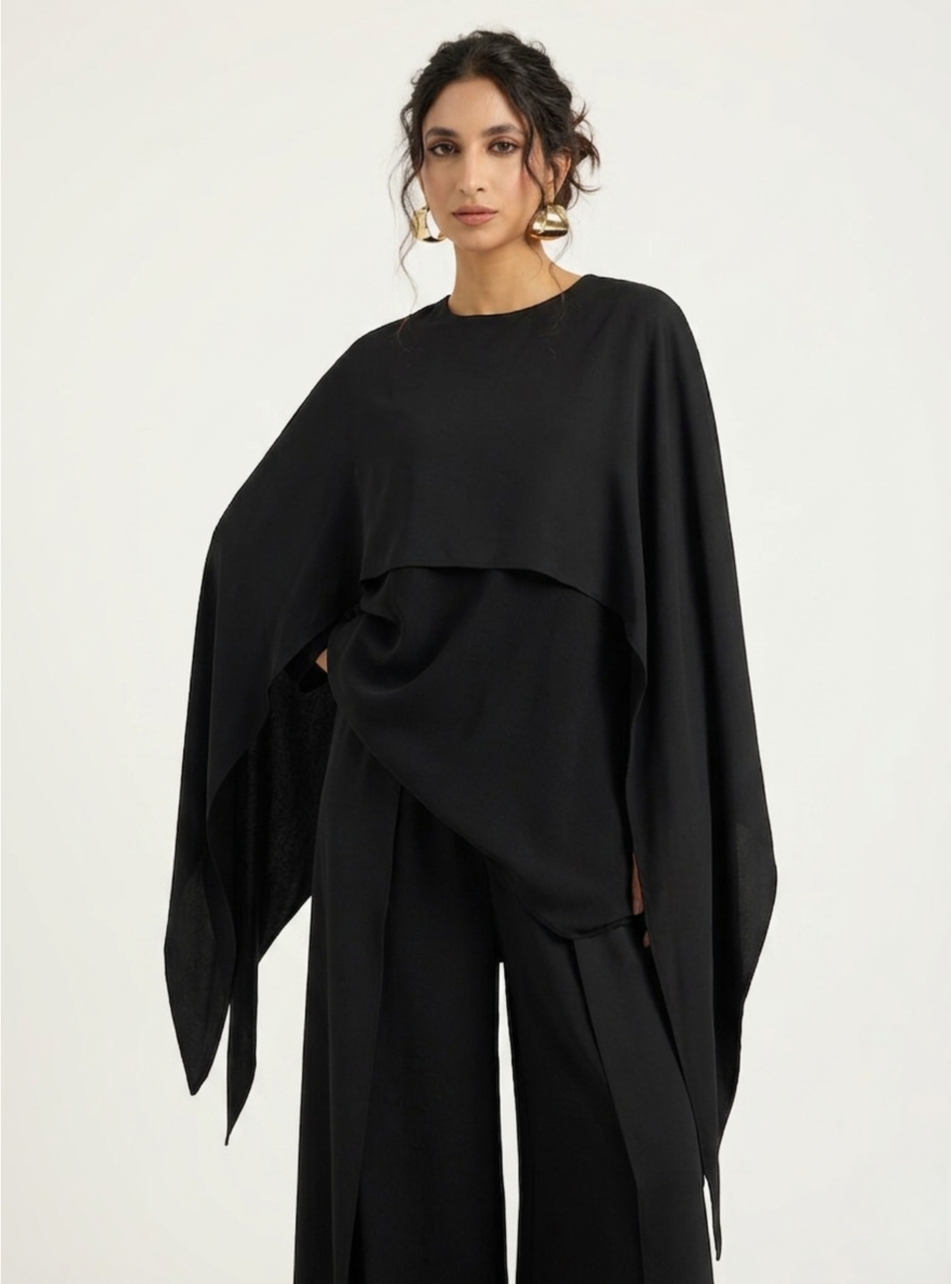 Black Cape-Effect Blouse & Trouser Set