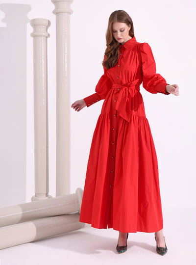 Red Taffeta Cristal Button Maxi Dress