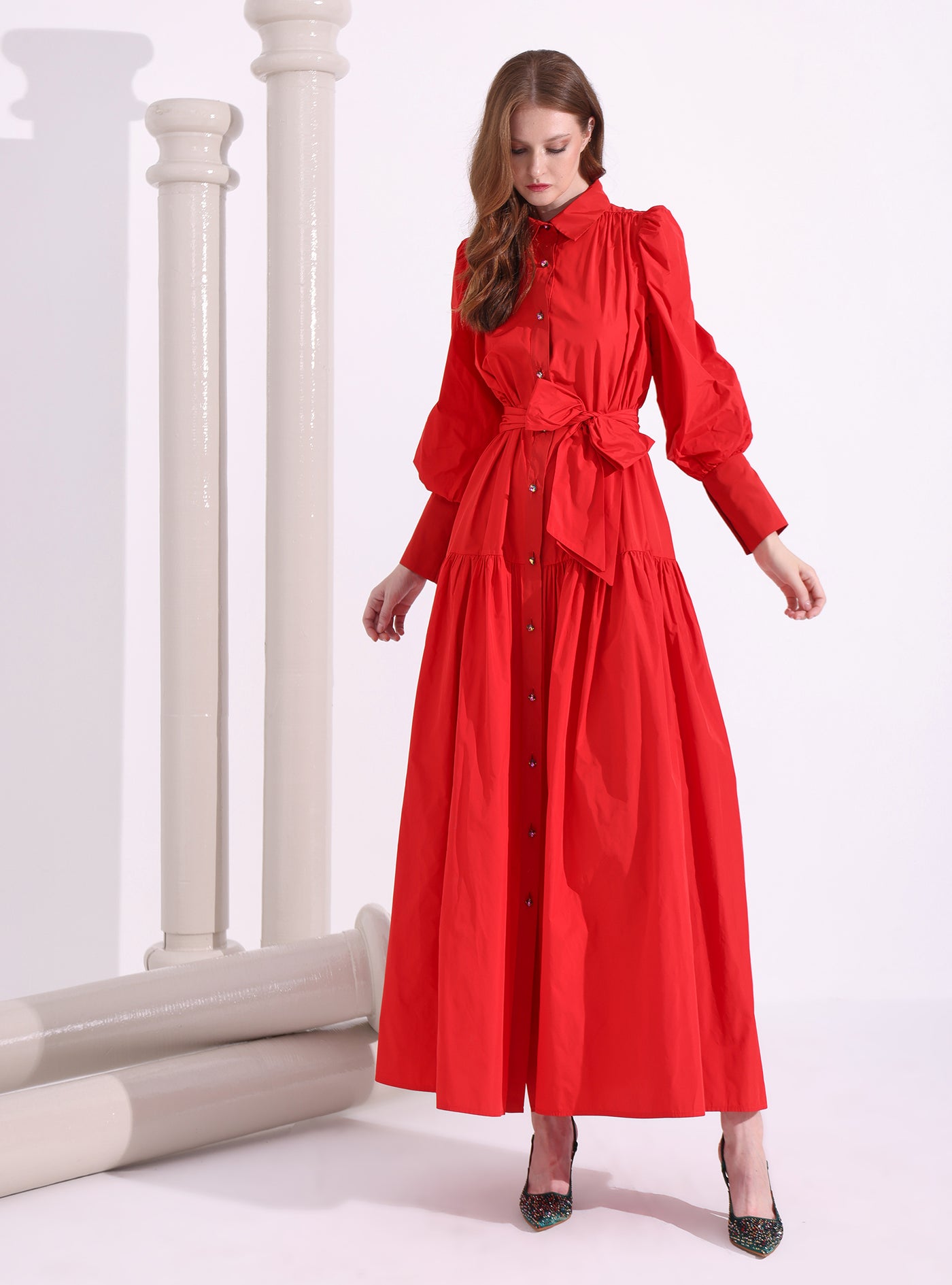 Red Taffeta Cristal Button Maxi Dress