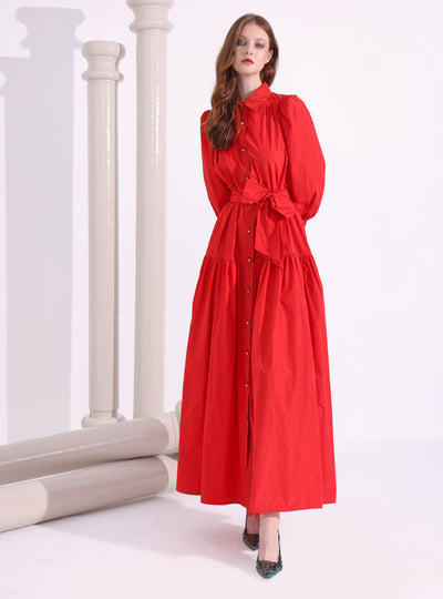 Red Taffeta Cristal Button Maxi Dress