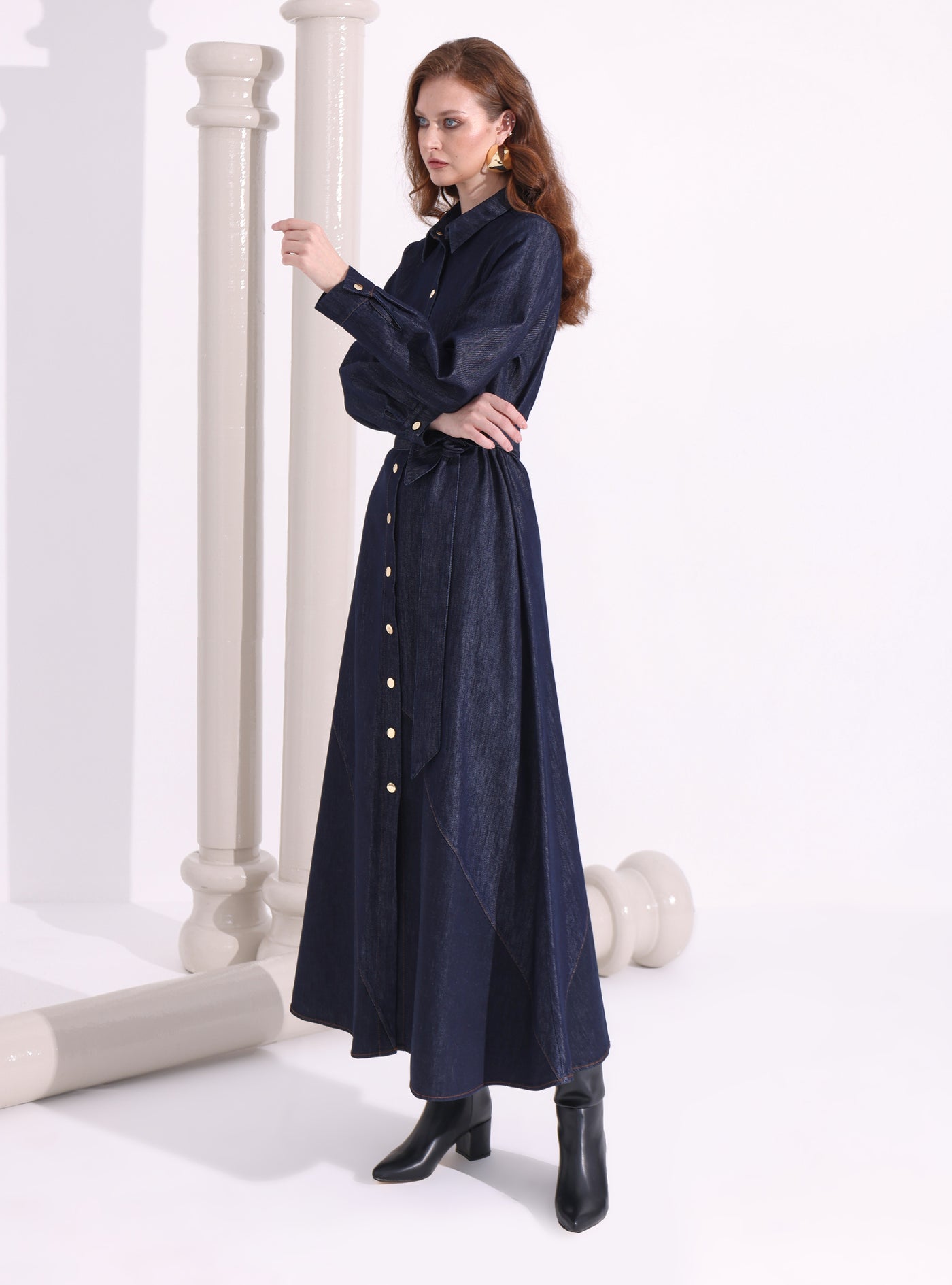 İndigo Denim Belted Maxi Dress