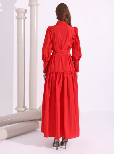 Red Taffeta Cristal Button Maxi Dress