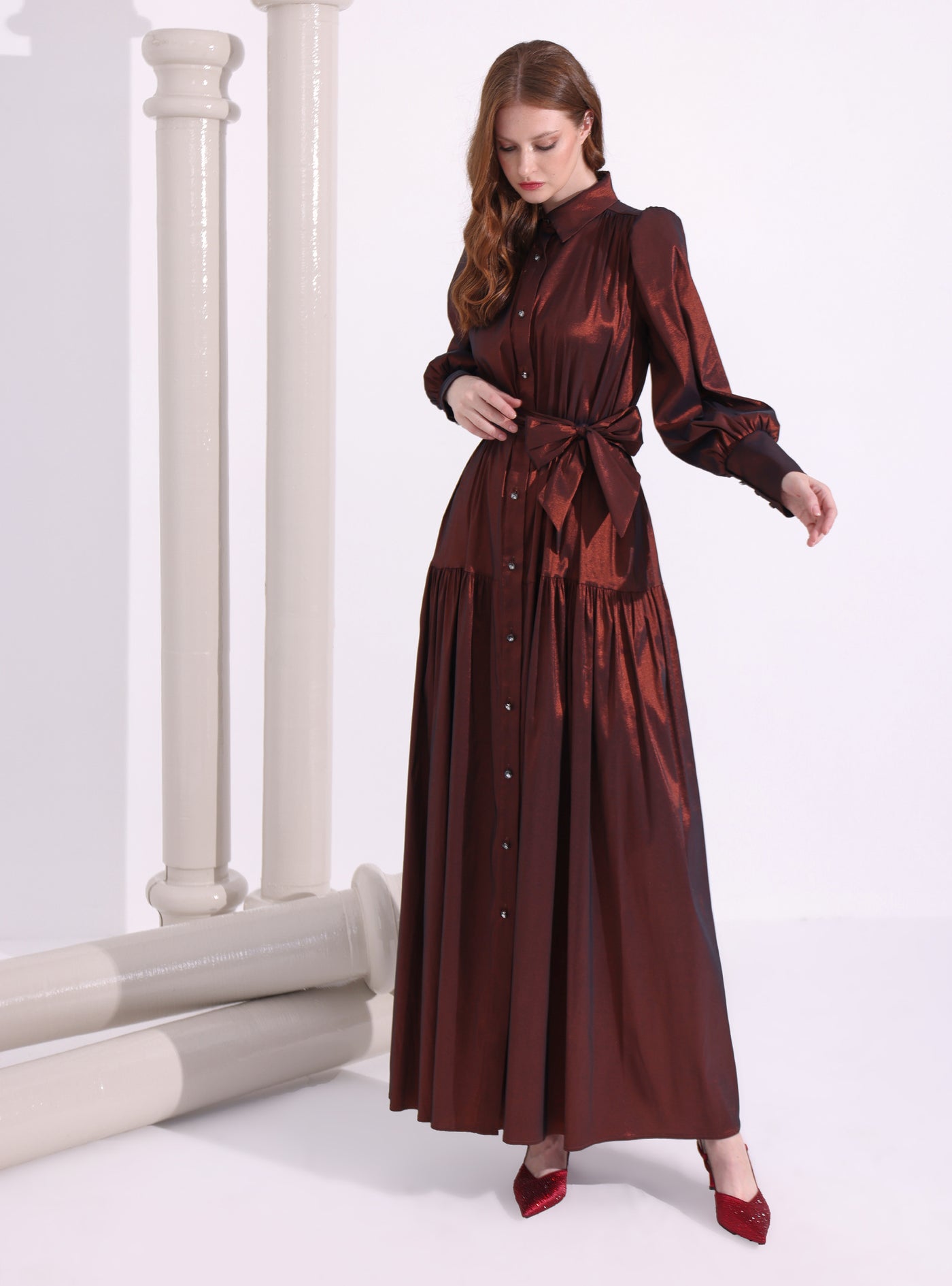 Bronze Metallic Taffeta Cristal Button Maxi Dress