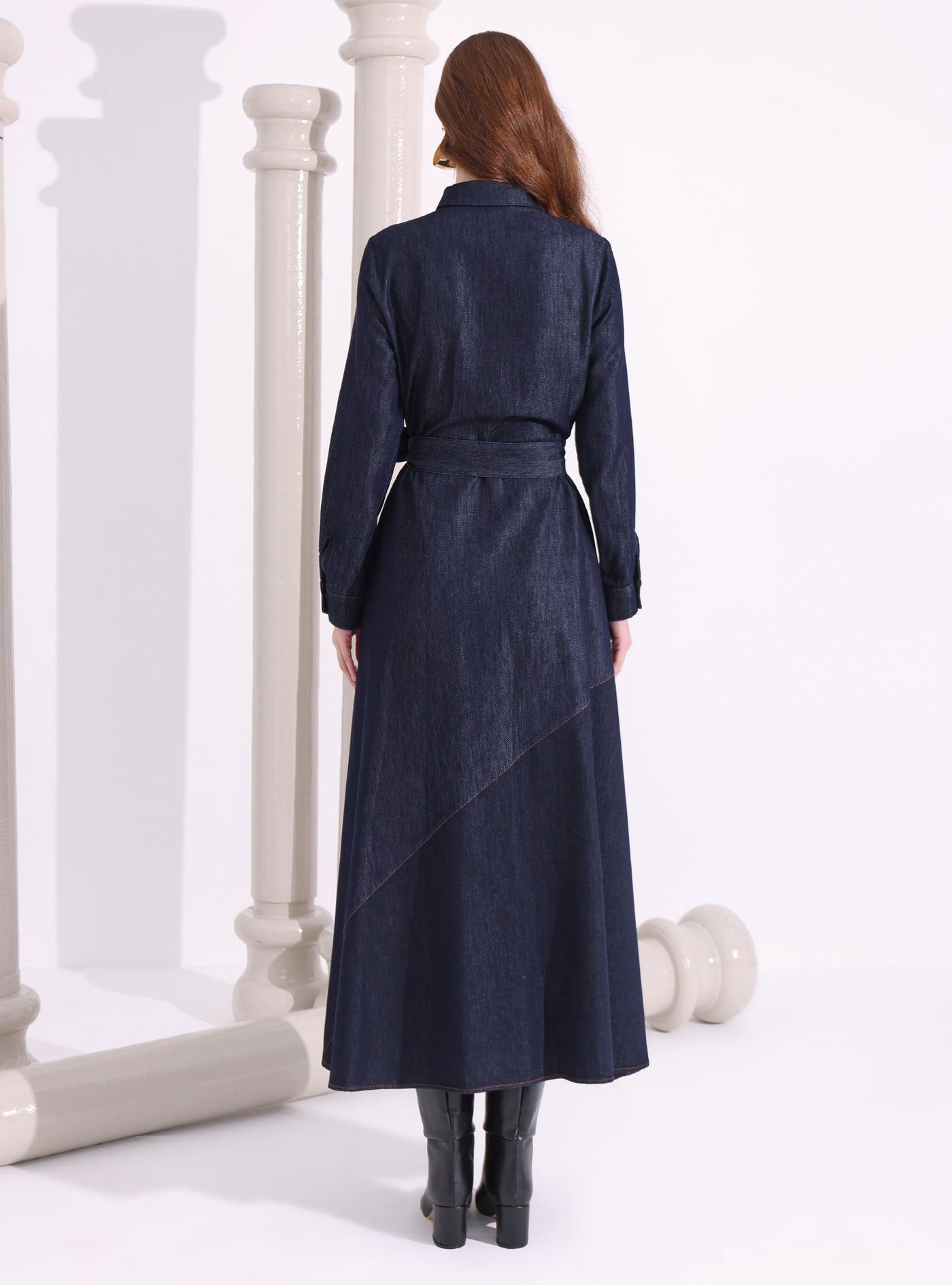 İndigo Denim Belted Maxi Dress