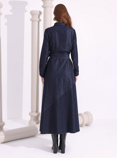 İndigo Denim Belted Maxi Dress