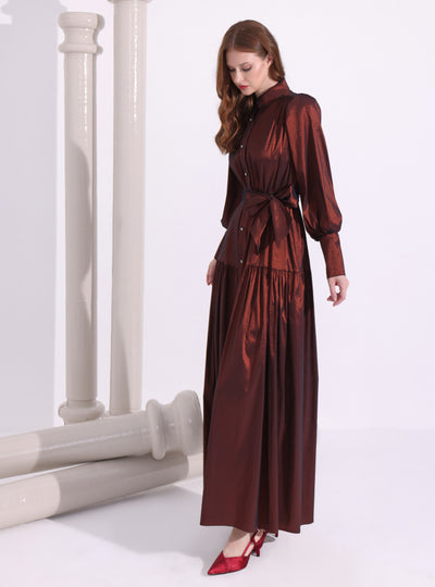 Bronze Metallic Taffeta Cristal Button Maxi Dress