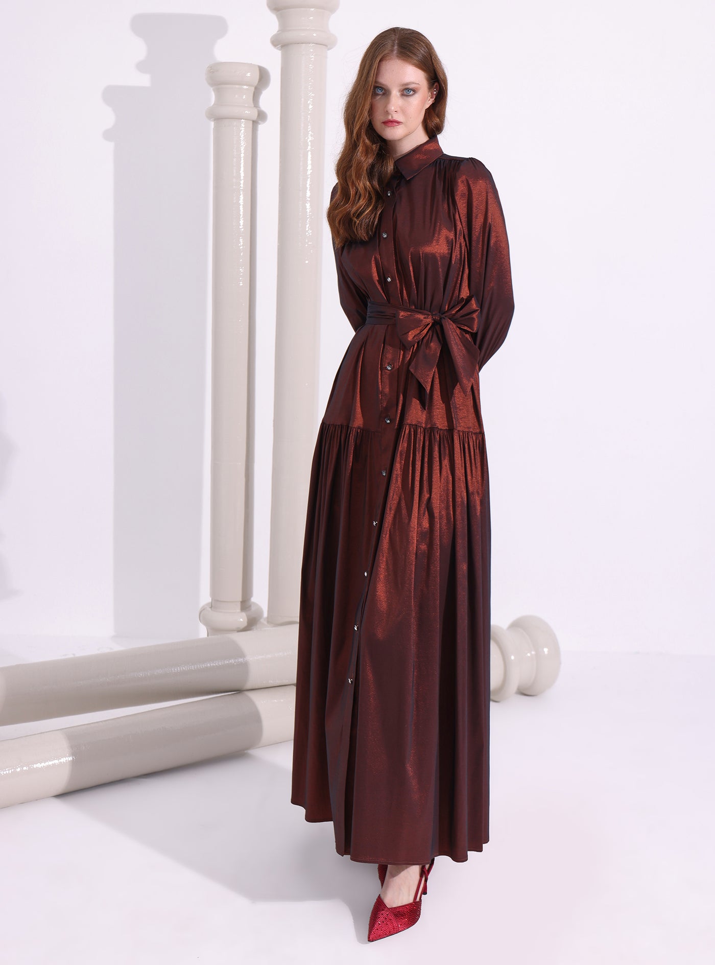 Bronze Metallic Taffeta Cristal Button Maxi Dress