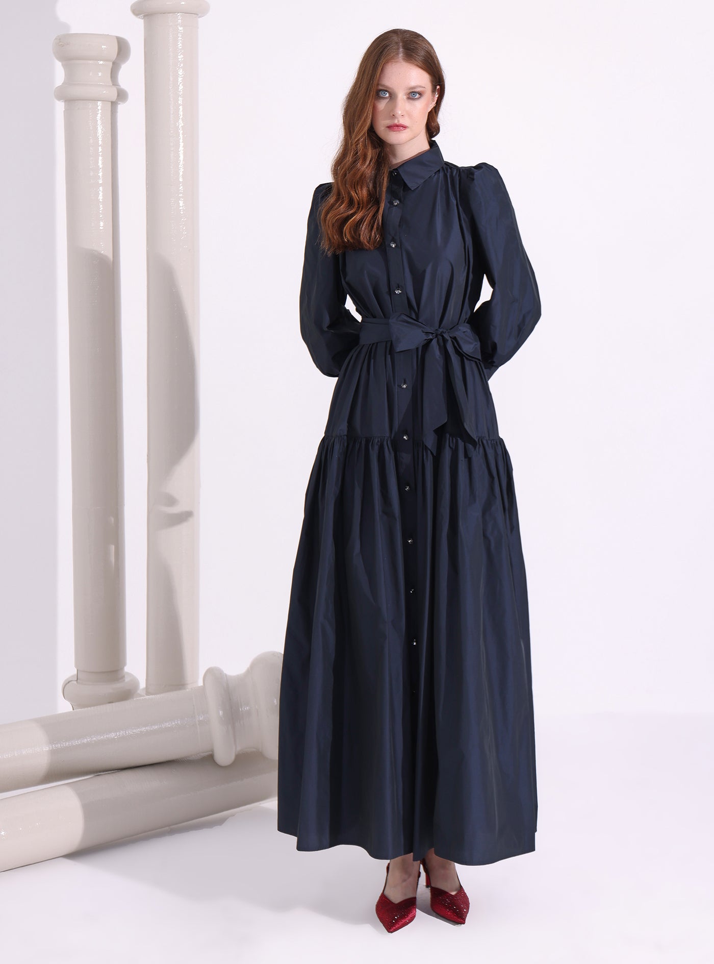 Navy Taffeta Cristal Button Maxi Dress