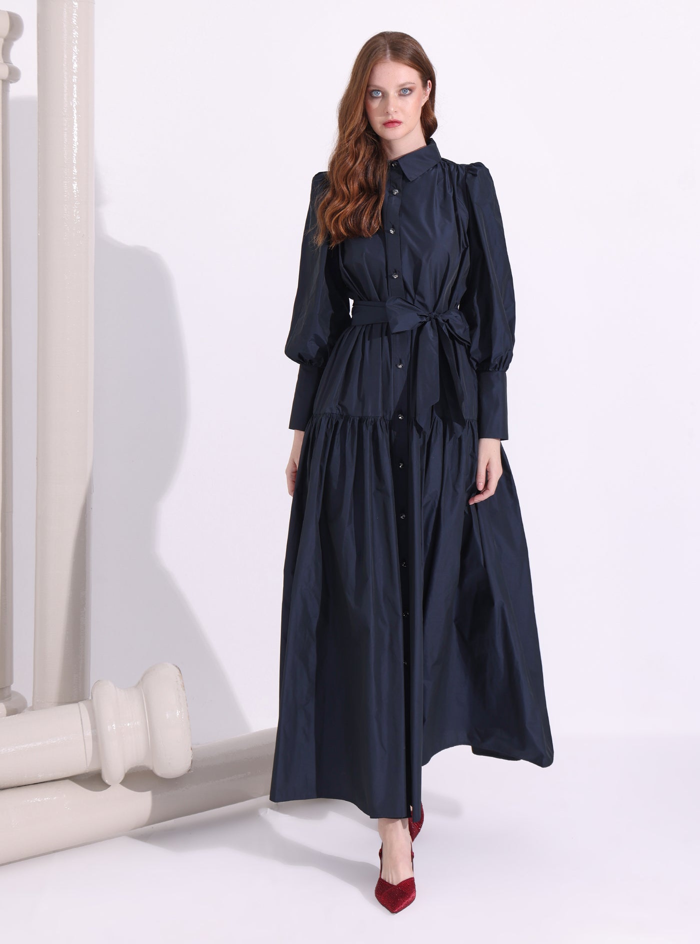 Navy Taffeta Cristal Button Maxi Dress