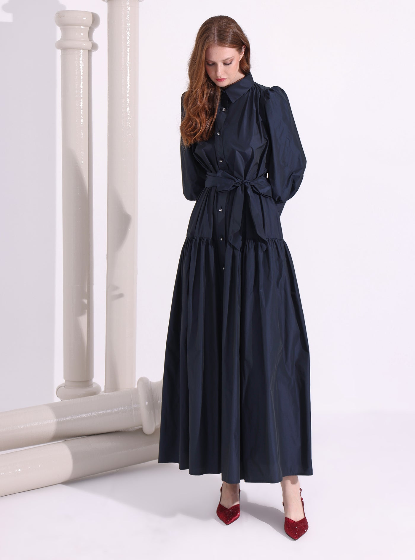 Navy Taffeta Cristal Button Maxi Dress