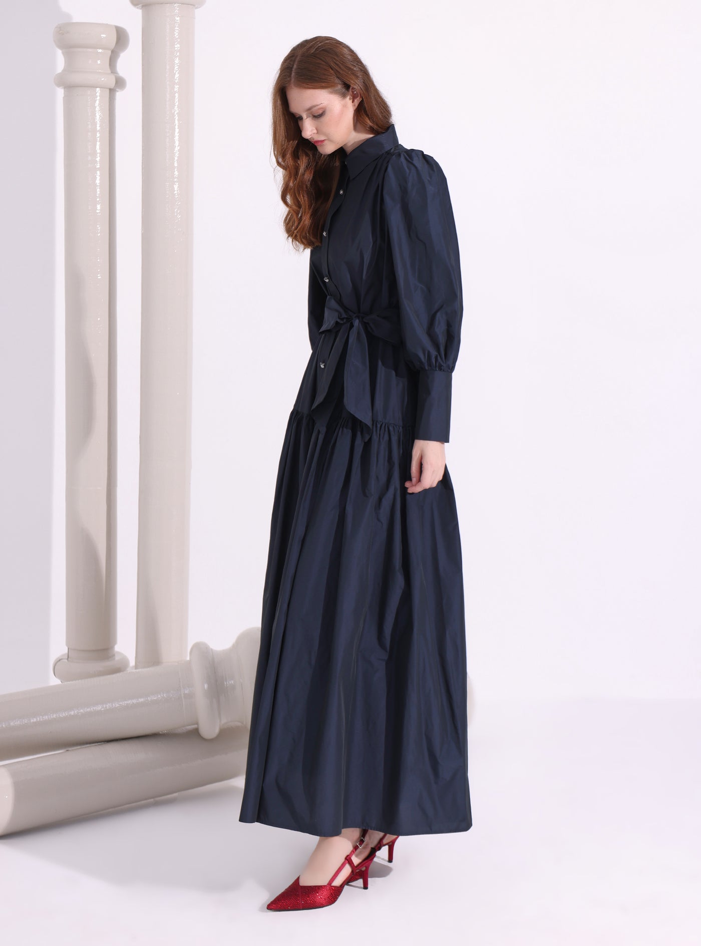 Navy Taffeta Cristal Button Maxi Dress