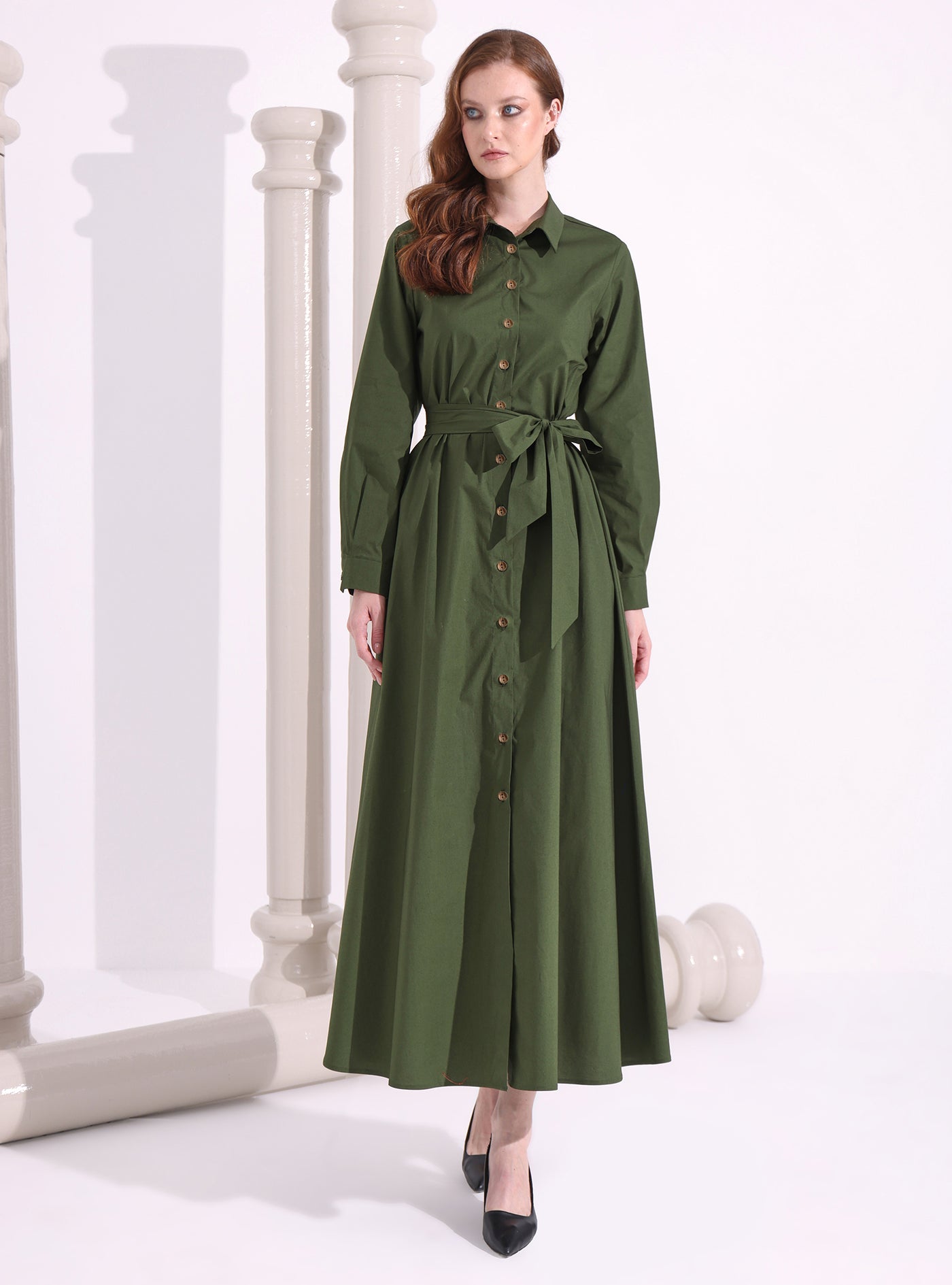 Khaki Green Wooden Button Maxi Dress