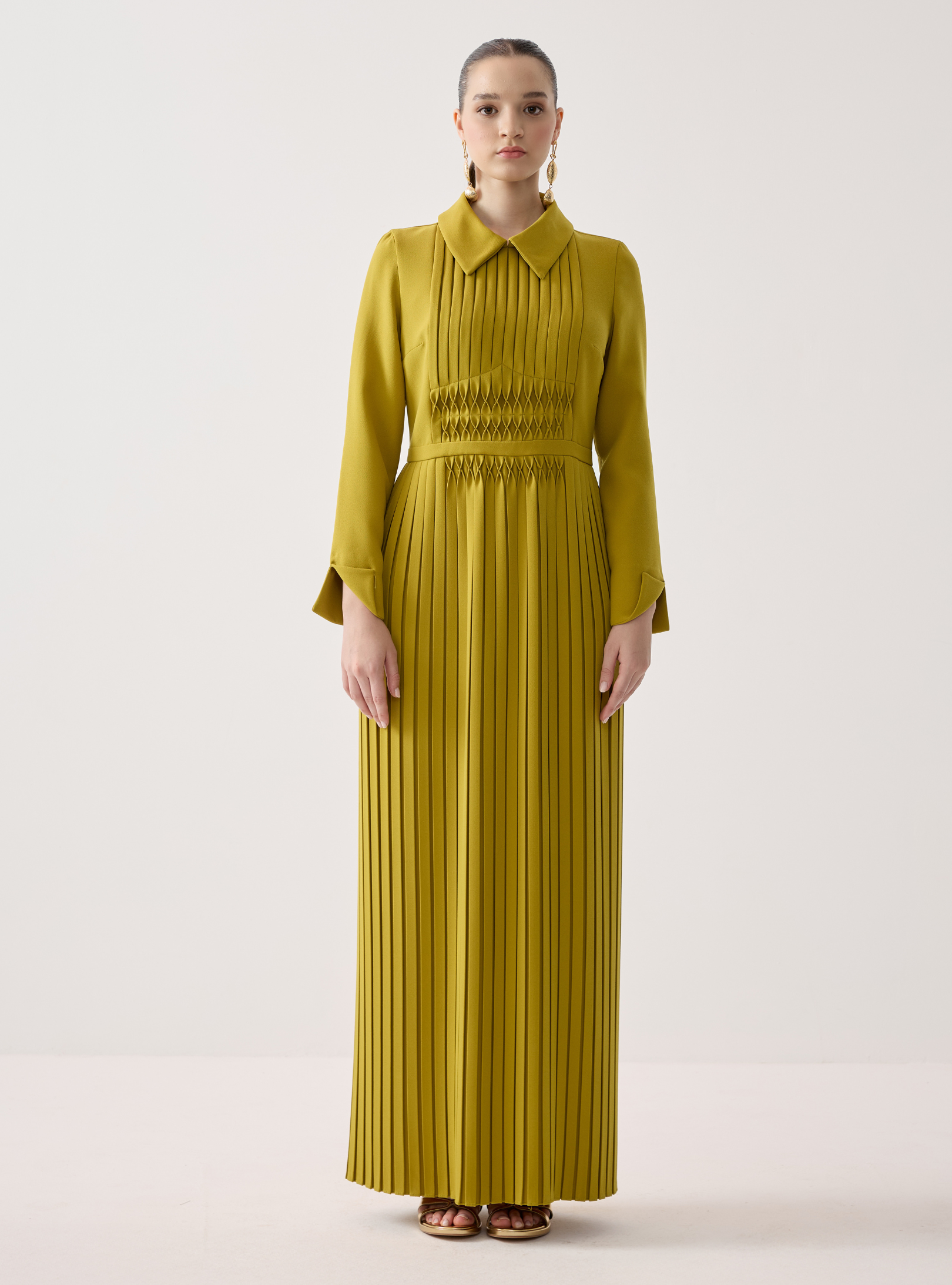 Mustard Smocked & Pleated Maxi Dress - Store WF