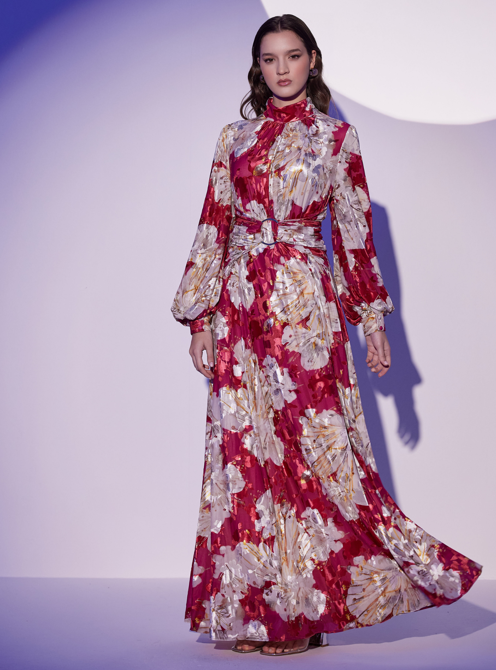 Floral Belted Devoré (burnout) Velvet Effect Maxi Dress - Store WF