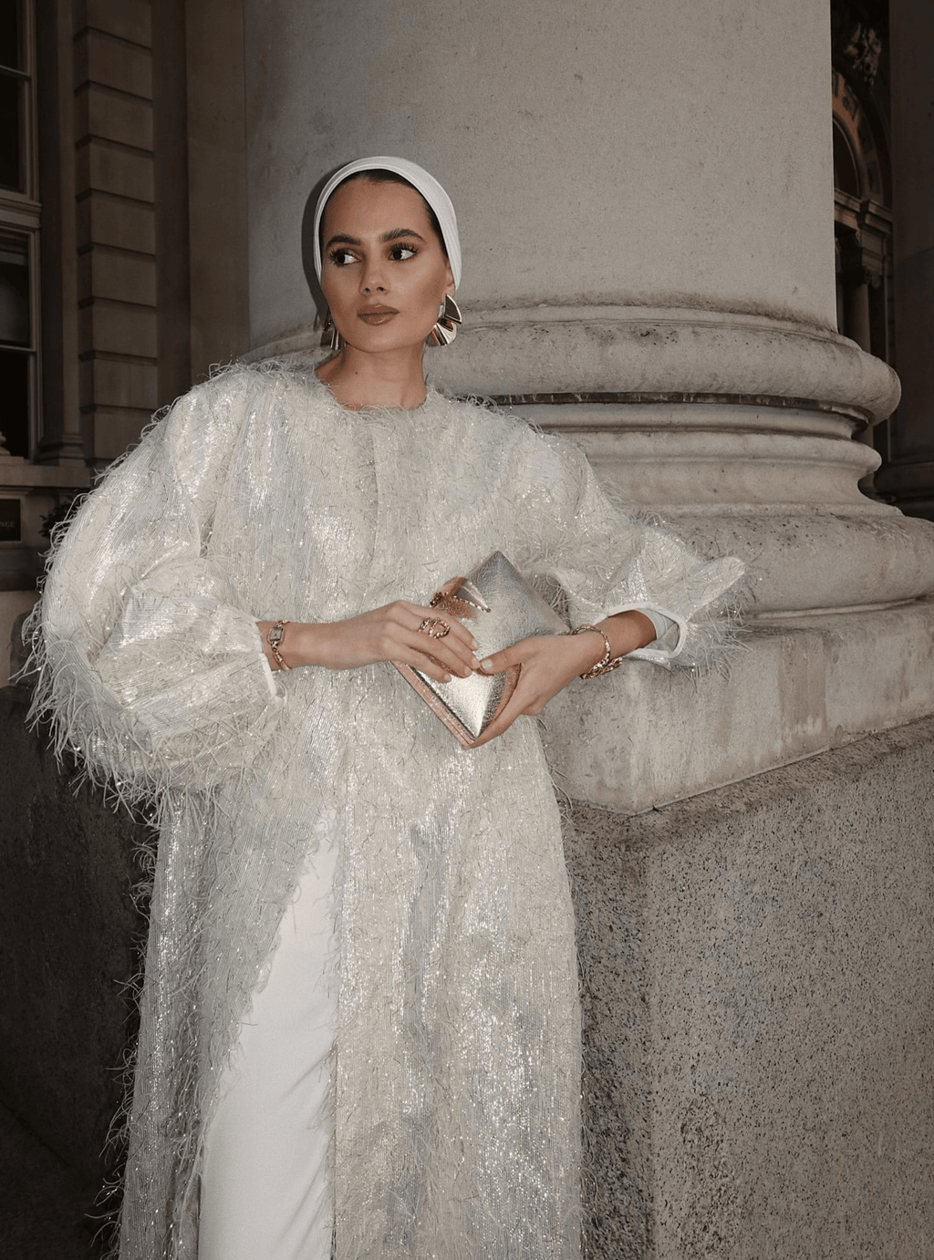 Off White Gold Feather Looks Kaftan Abaya - Store WF