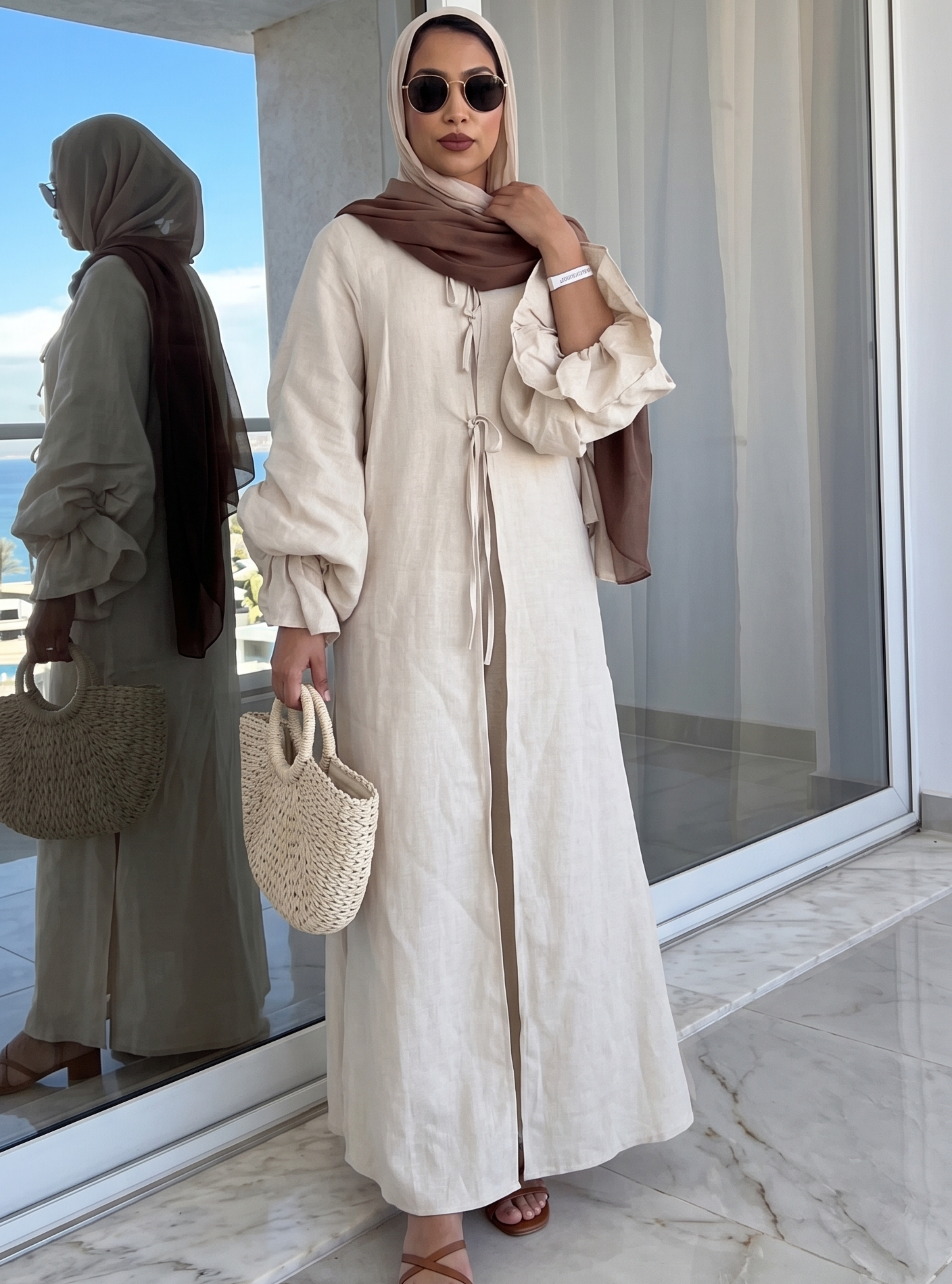 100% Washed Linen Beige Balloon Sleeve Kimono Trousers Set - Store WF