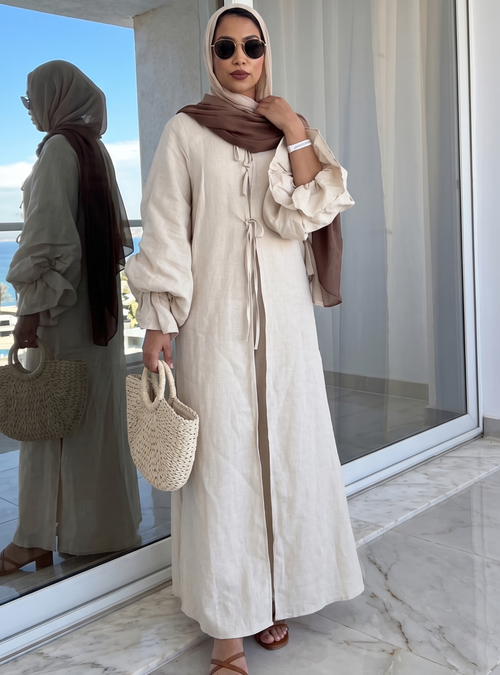 100% Washed Linen Beige Balloon Sleeve Kimono Trousers Set - Store WF