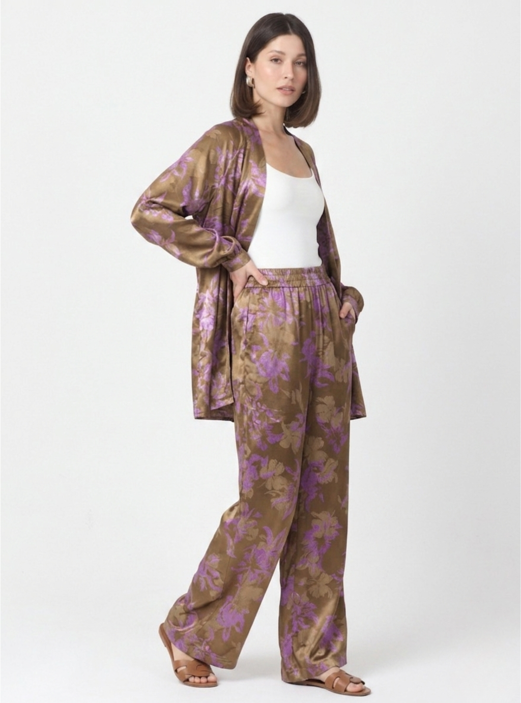 Pink Floral Print Kimono Set with Elastic Waist Pants
