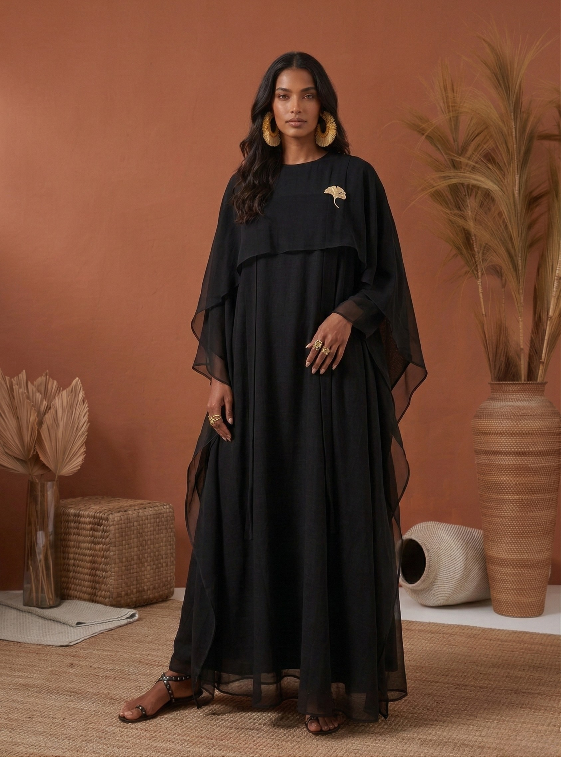 Black Organza Double Layer Kaftan Dress - Store WF