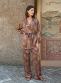 Pink Floral Print Kimono Set with Elastic Waist Pants - Store WF