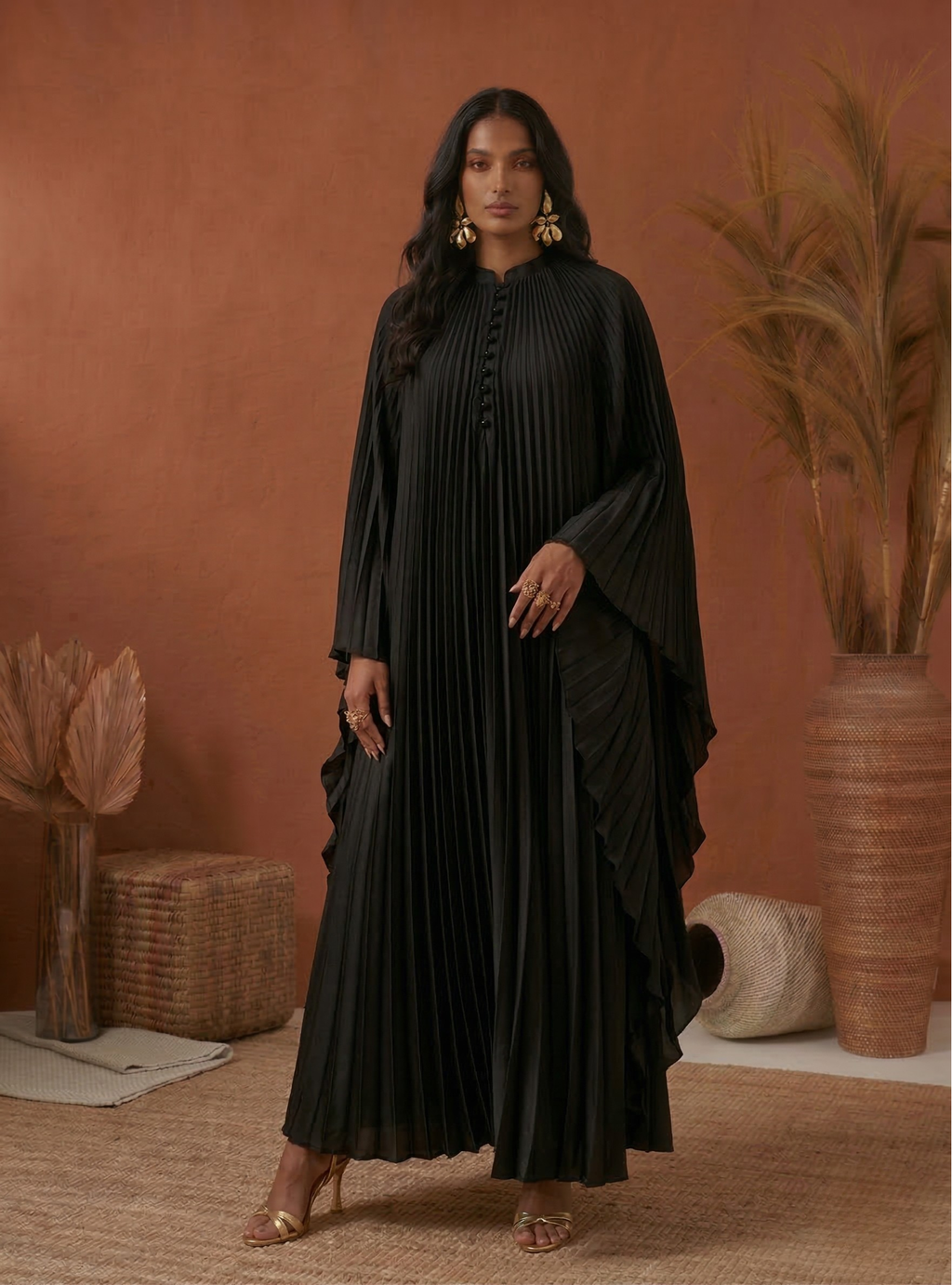 Pearls Button Plisse-Satin Maxi Dress Kaftan Black
