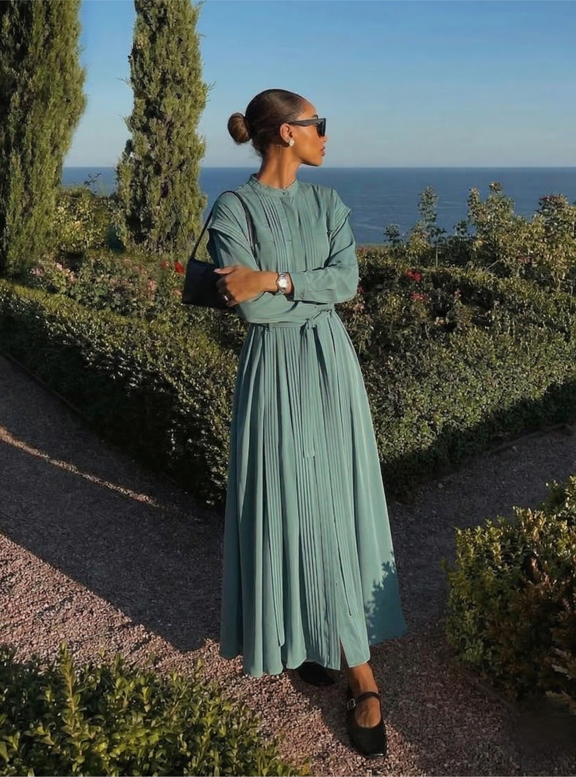 Gri Nane Kontrast Dikişli Maksi Elbise - WF Atelier