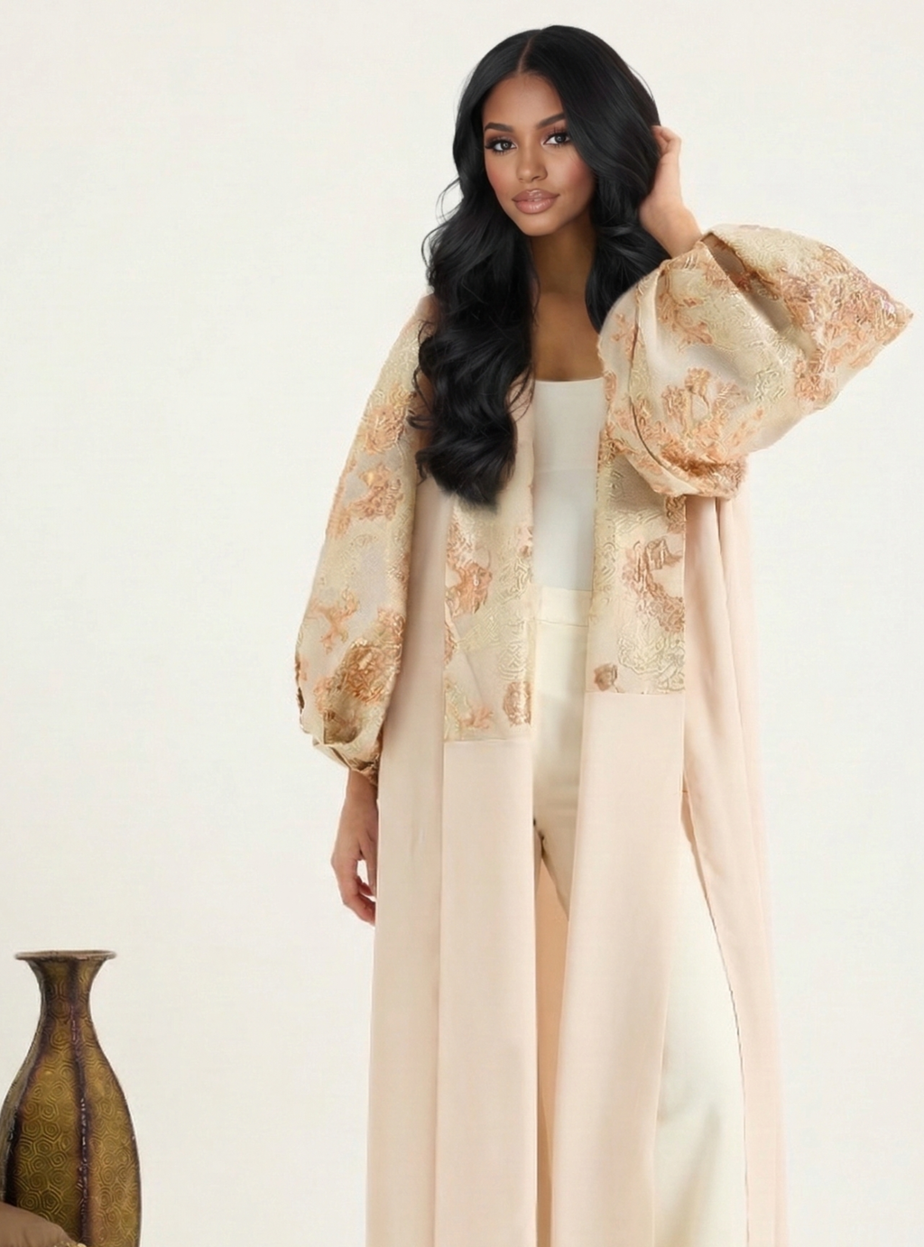 Rose Gold Flower jacquard Abaya Kaftan - Store WF