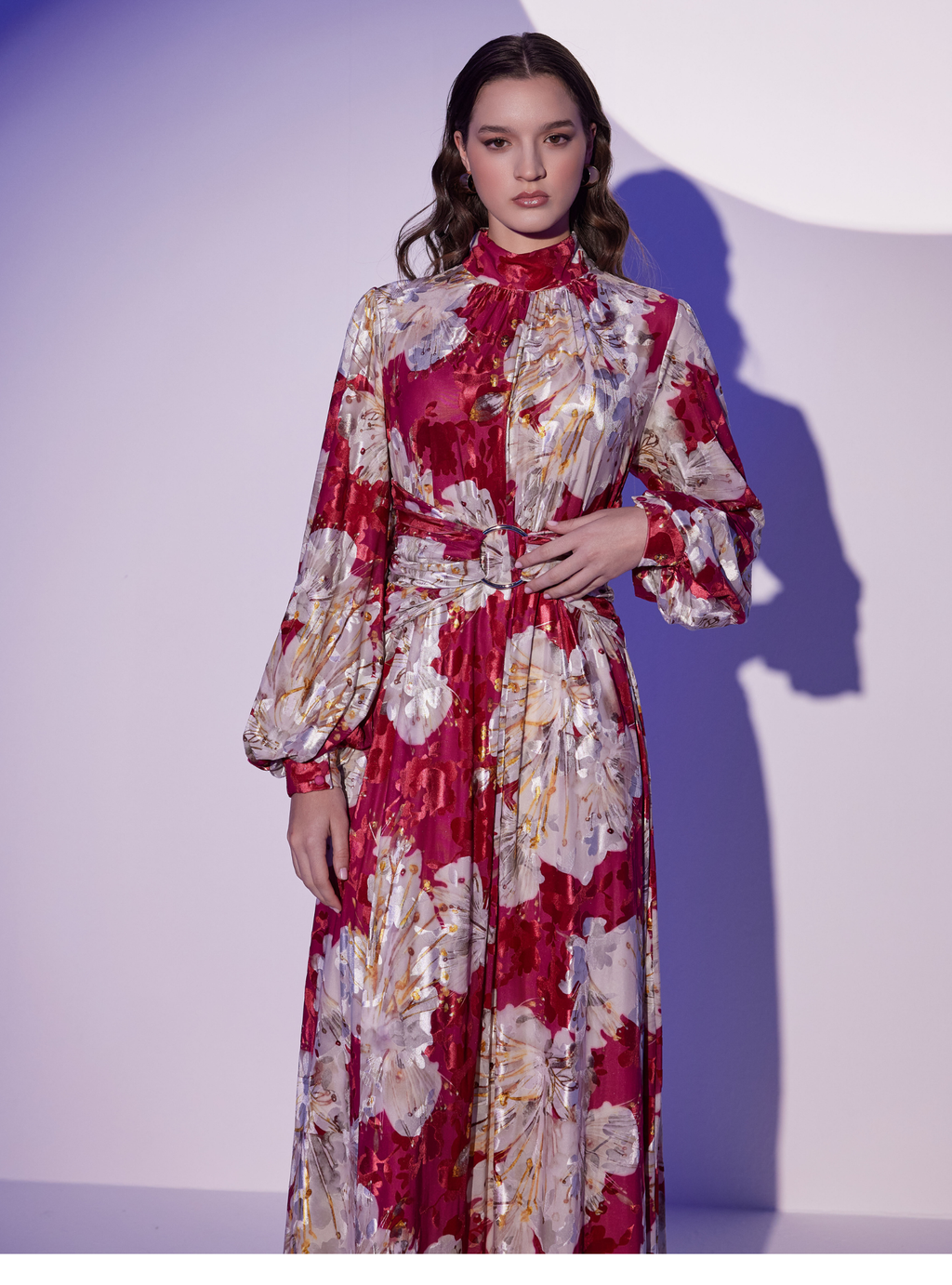 Floral Belted Devoré (burnout) Velvet Effect Maxi Dress - Store WF