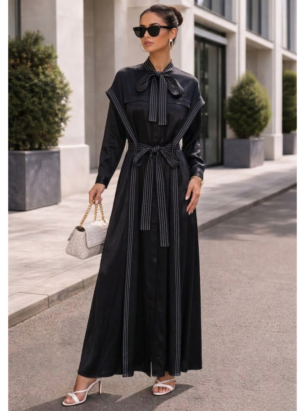 Contrast Top Stitch Black Maxi Dress - WF Atelier