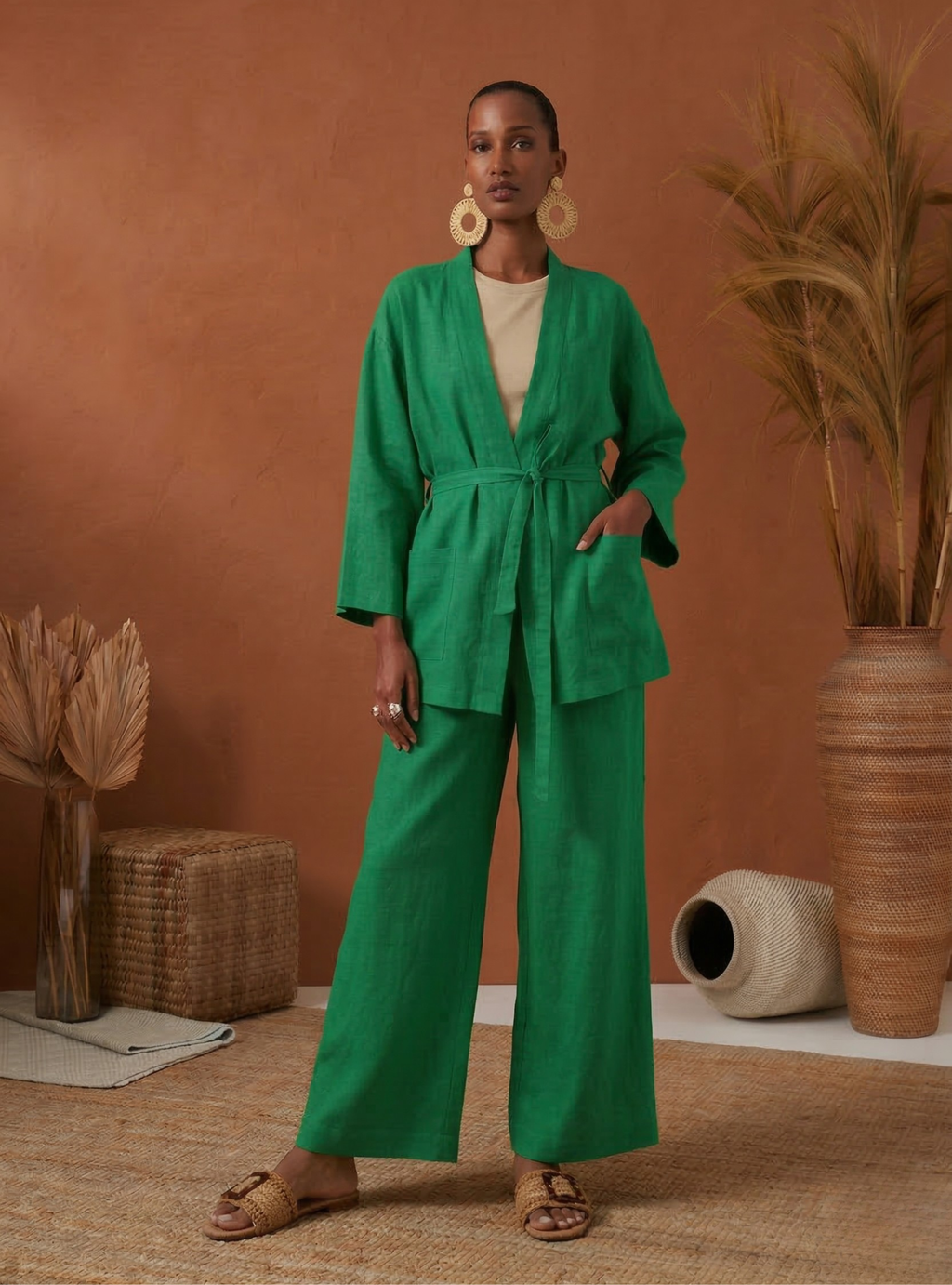 100% Washed Linen Kimono & Trouser Set Green - Store WF