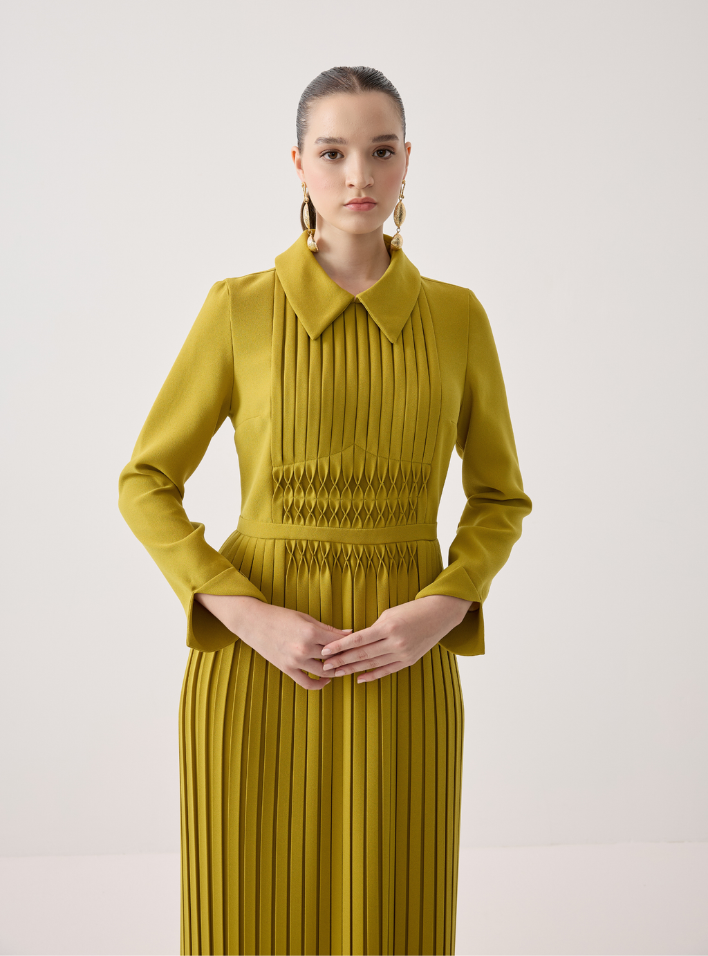 Mustard Smocked & Pleated Maxi Dress - Store WF