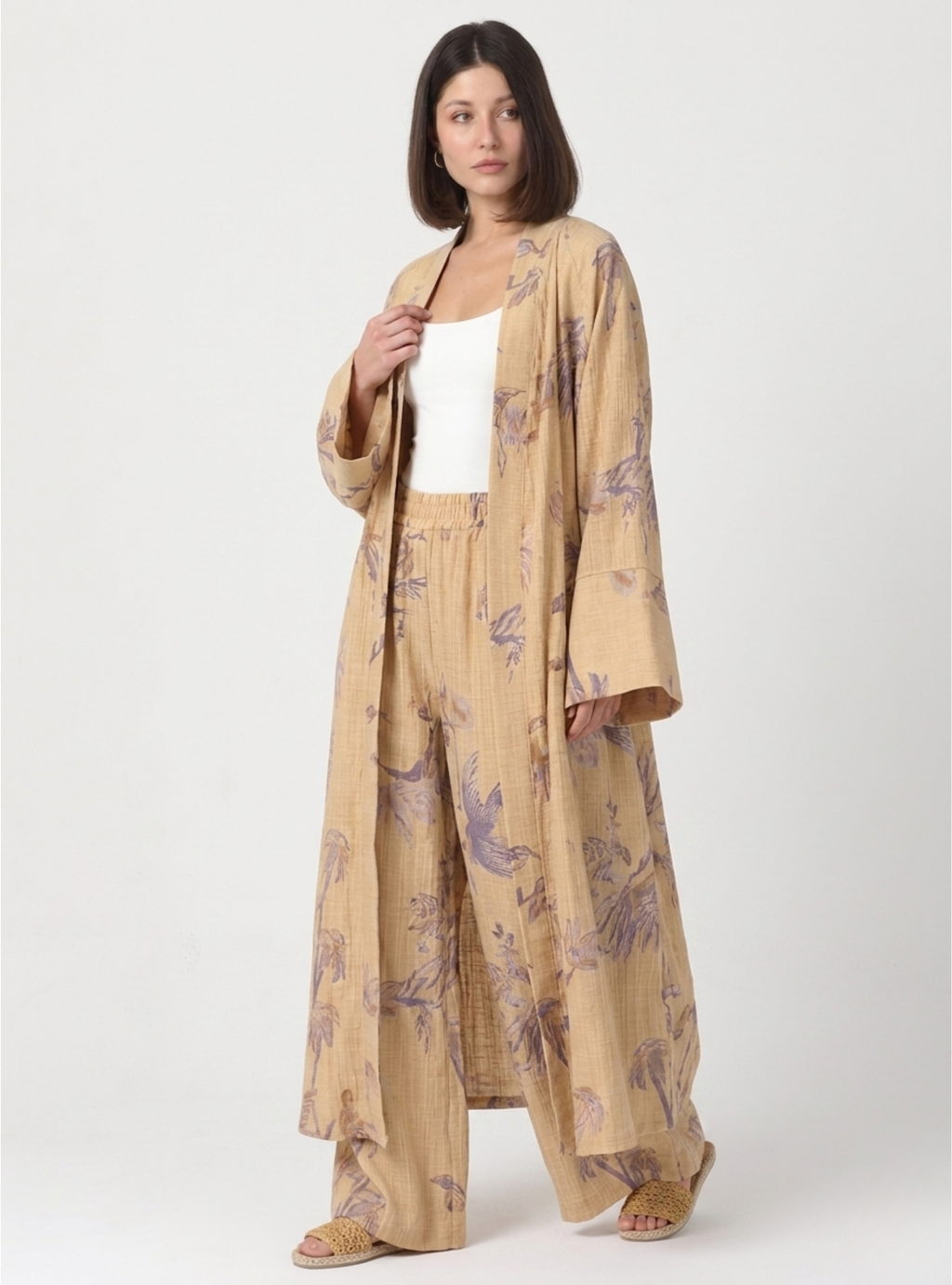 Yellow Print Kimono & Trouser Set