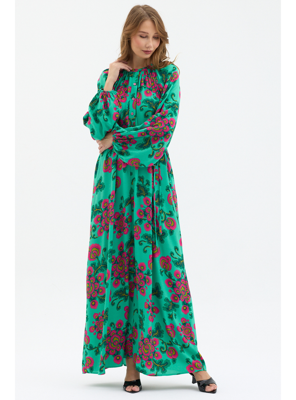 Green Floral Print Maxi Dress with Belted Waist & Balloon Sleeves