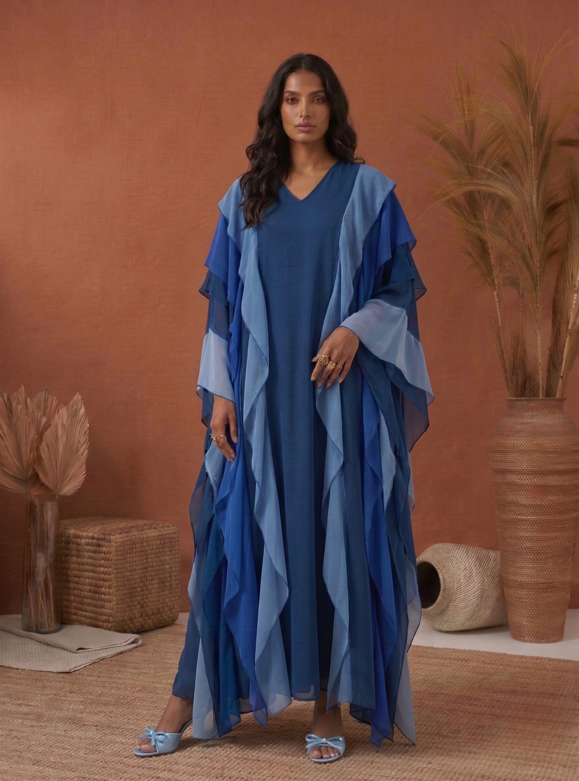 Navy Blue Multi Colour Ruffled V Neck Kaftan Dress - Store WF