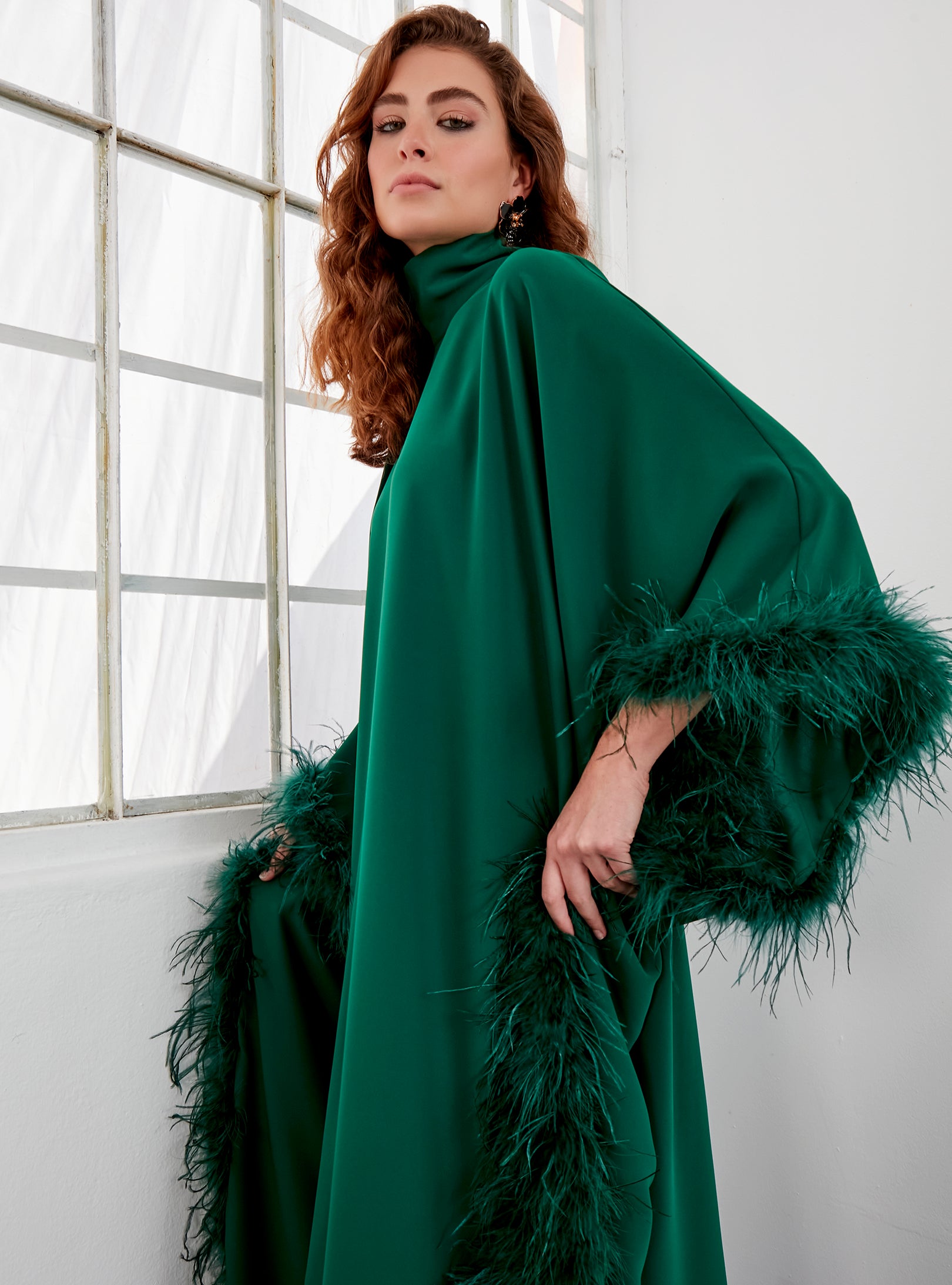Feather Trimmed Emireld Kaftan Dress
