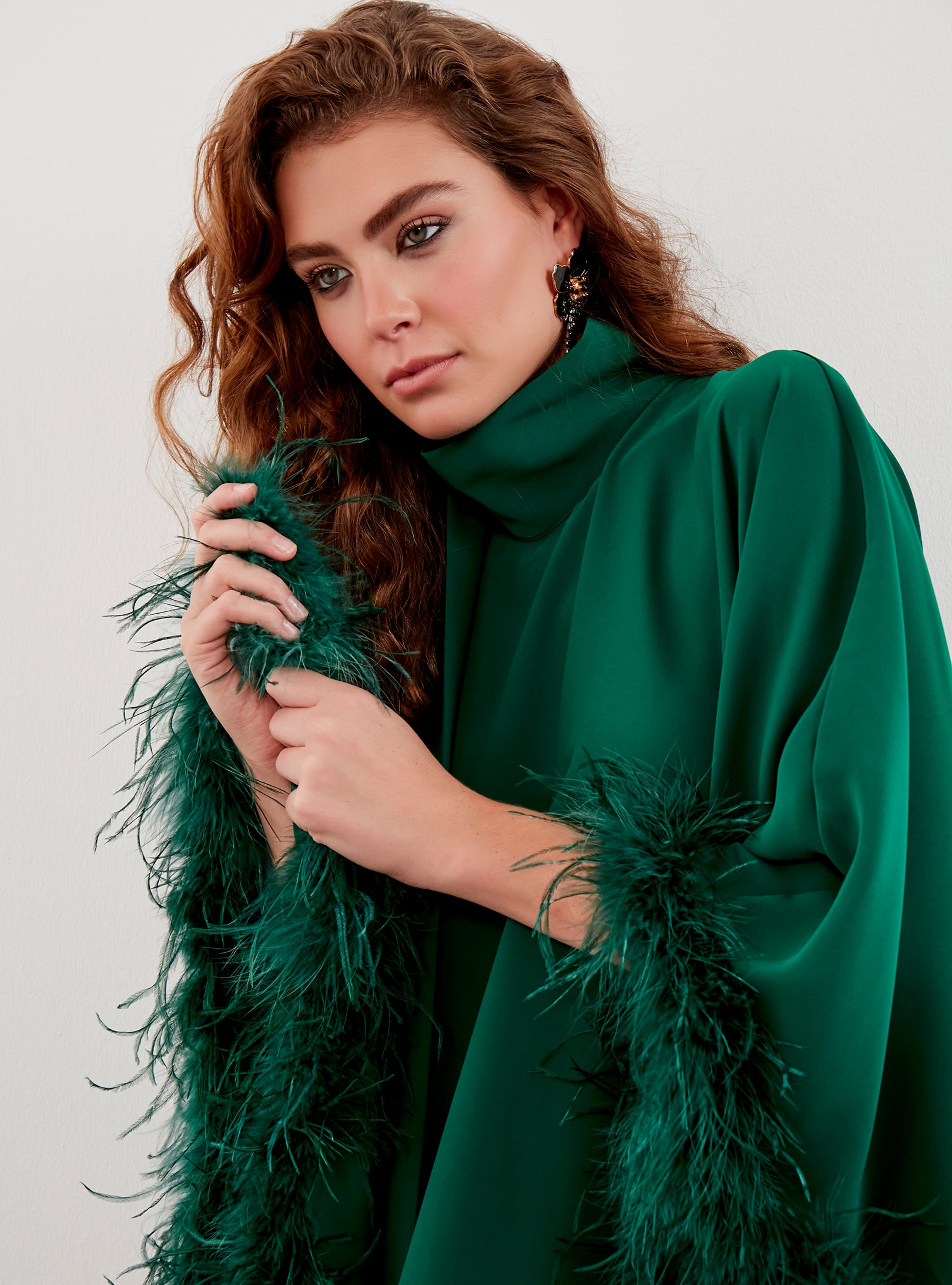 Feather Trimmed Emireld Kaftan Dress