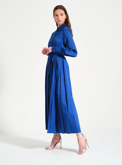 Sax Blue Cotton Pleated Shirt Dress