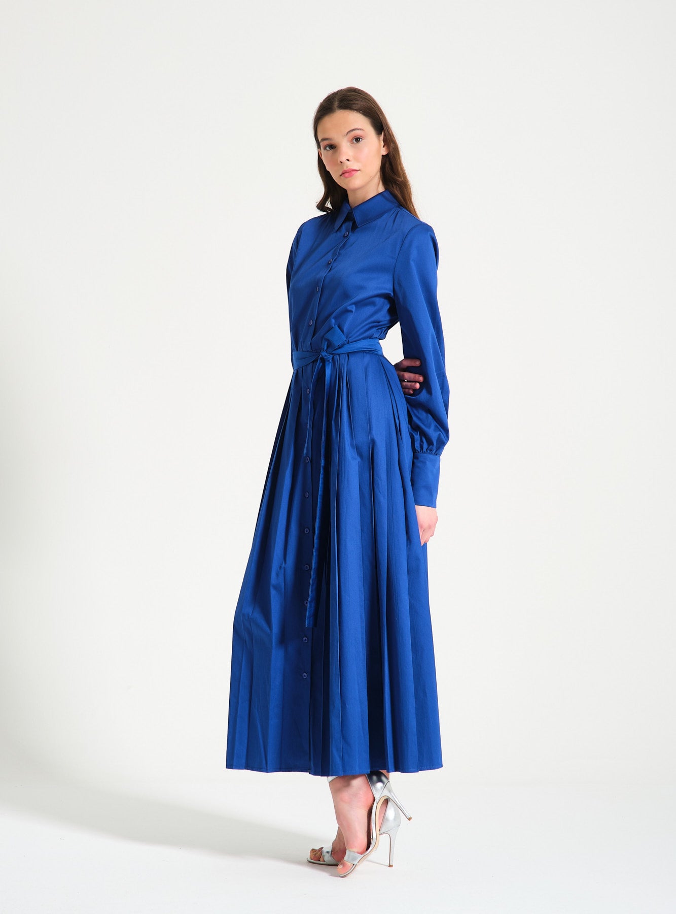 Sax Blue Cotton Pleated Shirt Dress