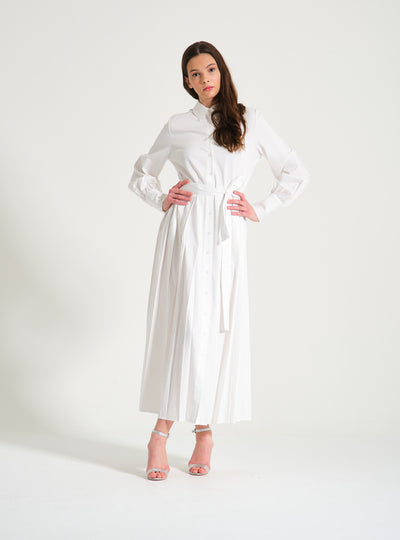 White Pleated Cotton Shirt Dress