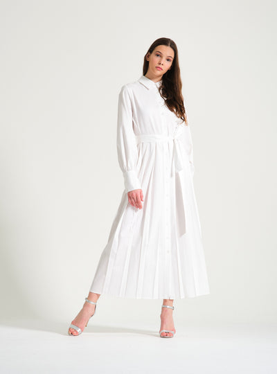 White Pleated Cotton Shirt Dress